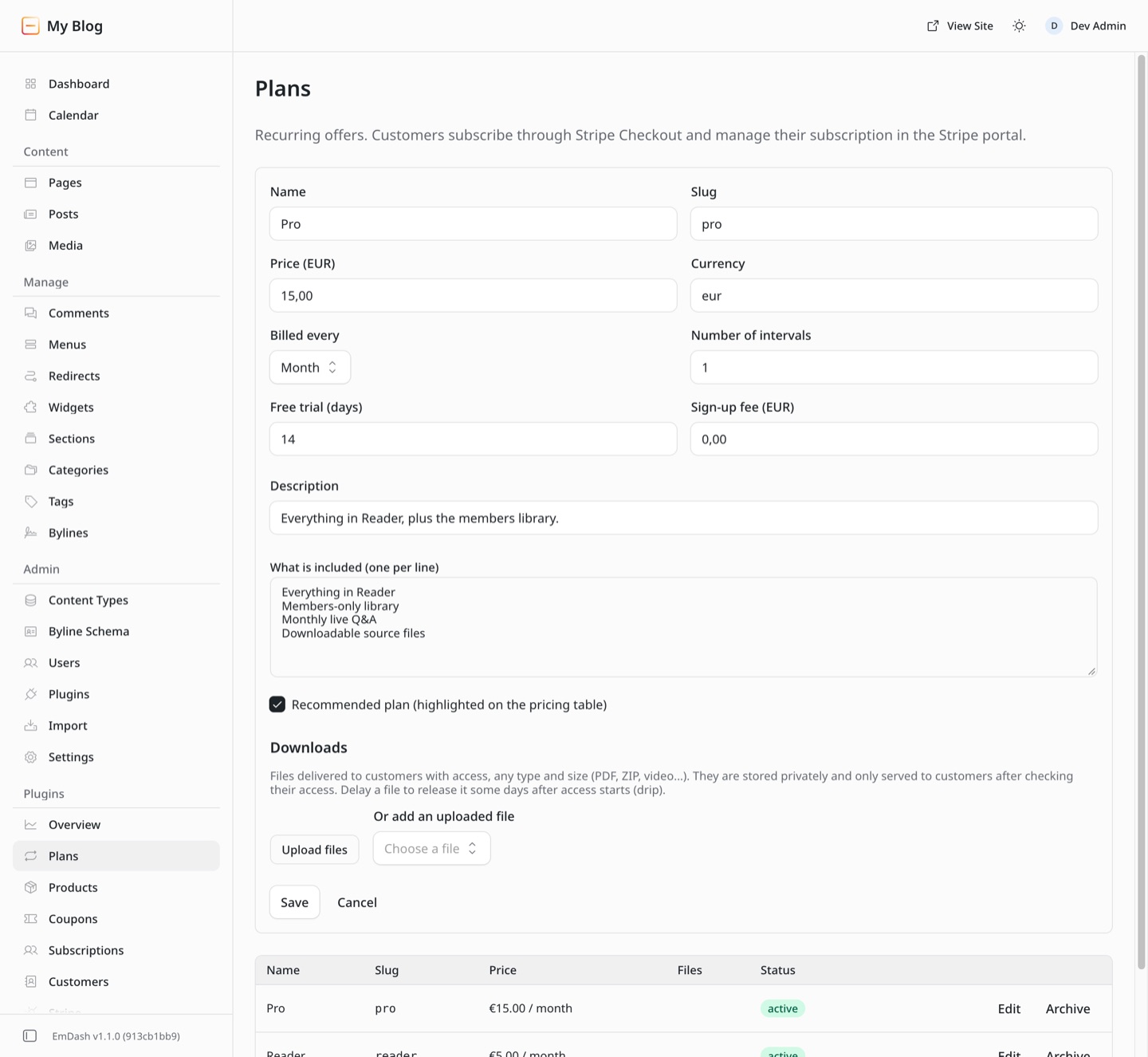 The plan editor in the EmDash admin, with price, interval, free trial and downloads
