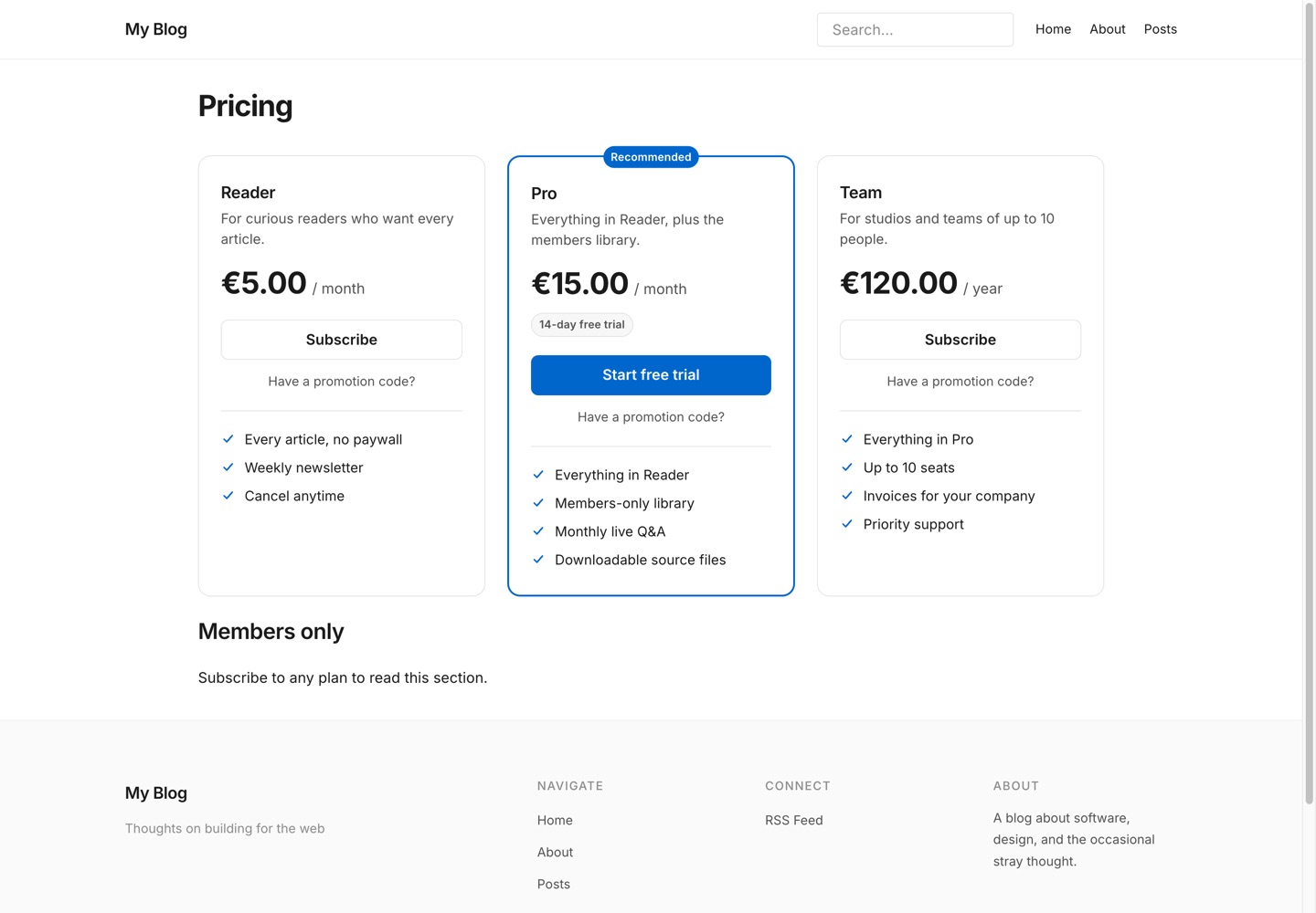 A pricing table with three plans on an EmDash site, the middle one recommended with a free trial